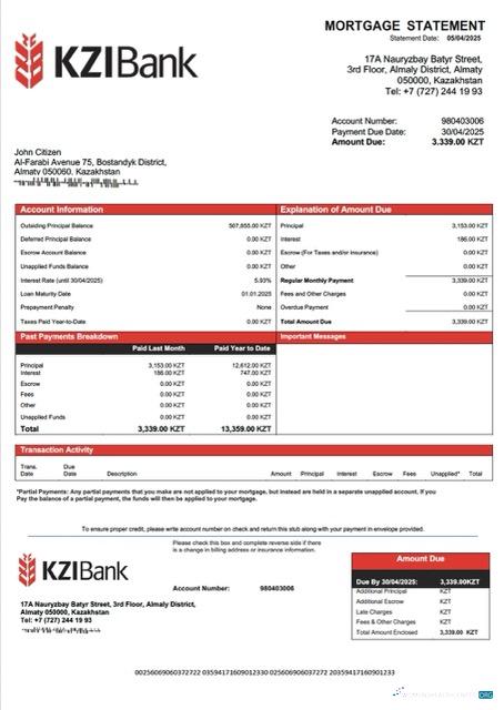 Download Kazakhstan KZI Bank mortgage statement Word and PDF template Photoshop template